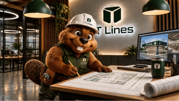 T Lines mascot planning a store layout at a drafting table