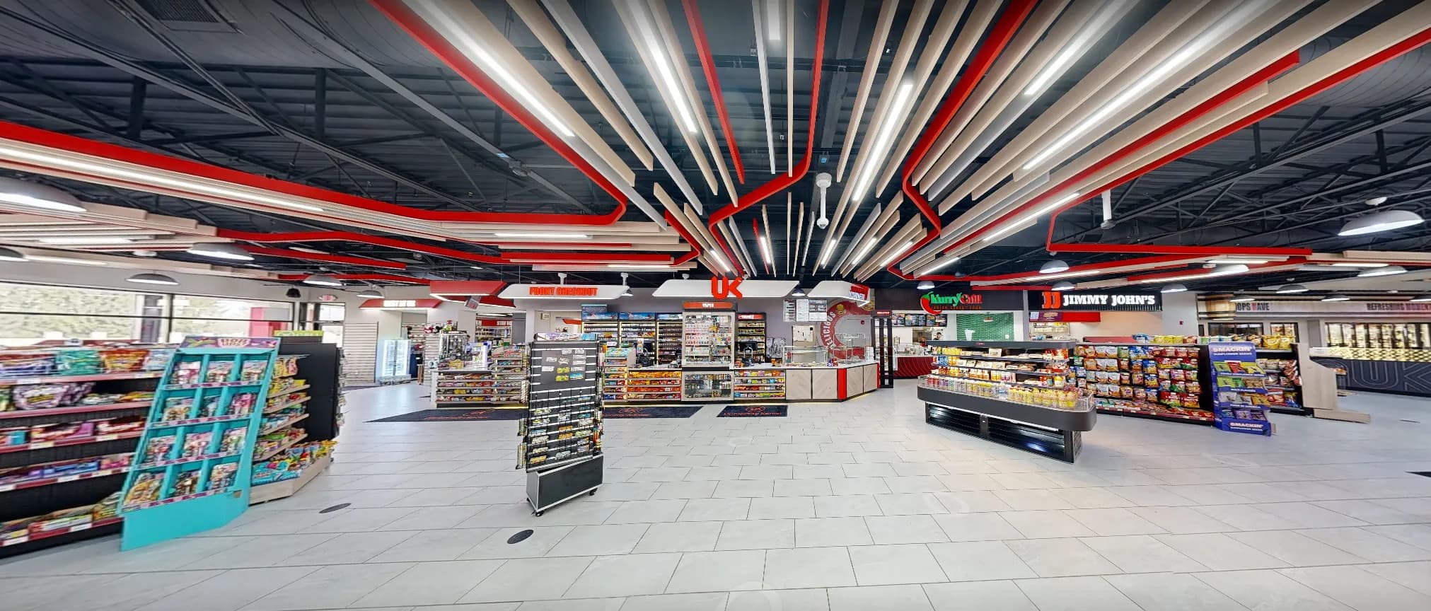 Supermarket area under a linear ceiling feature at UK truck stop, Pennsylvania